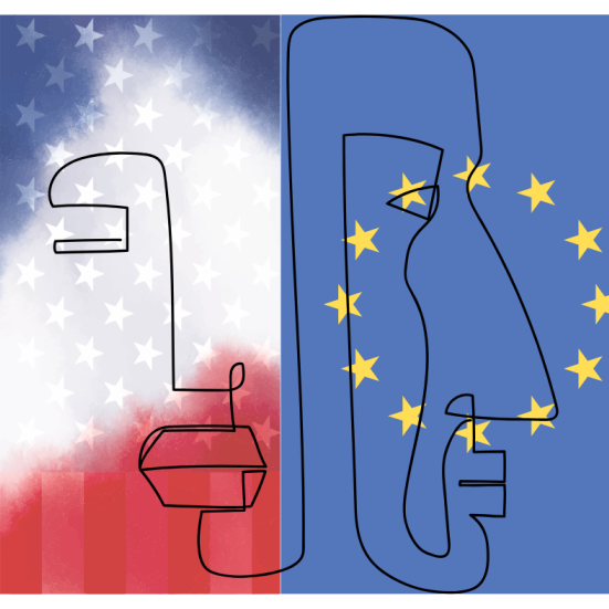 To ansigter på en baggrund af det amerikanske flag og EU-flaget