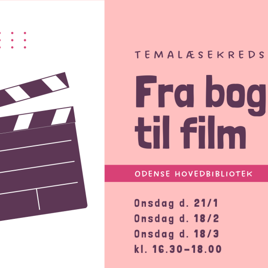 Billede af et klaptræ og en stak bøger med teksten "Fra bog til film"