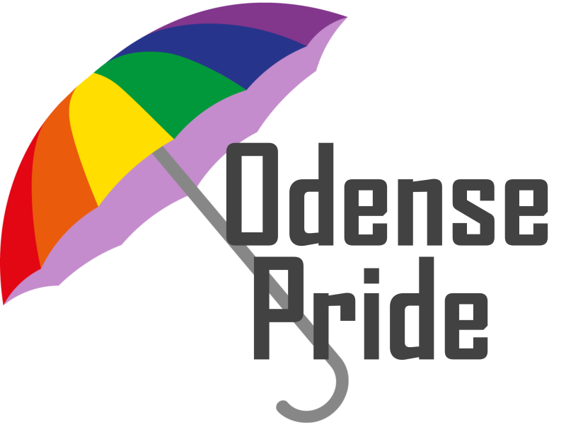 Foreningen Odense Prides Logo. Regnbuefarvet paraply med teksten Odense Pride under.