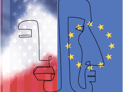 To ansigter på en baggrund af det amerikanske flag og EU-flaget