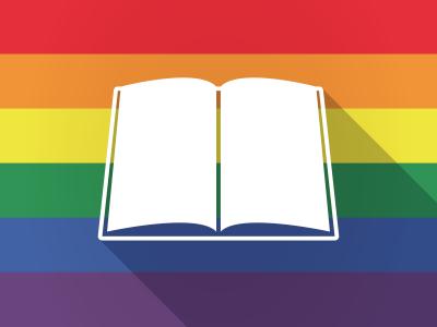 Ikonografisk repræsentation af en bog på en regnbuefarvet baggrund. 